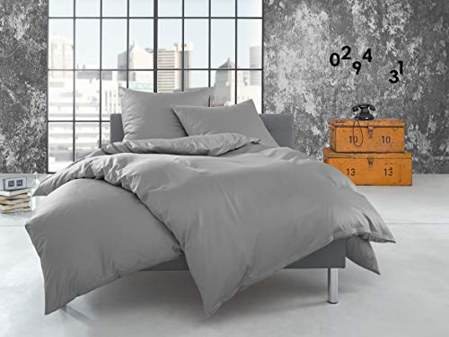 Bettwaesche-mit-Stil warme Fein Flanell Winter Bettwäsche grau Uni/einfarbig 135x200 + 80x80 cm - 100% Baumwolle