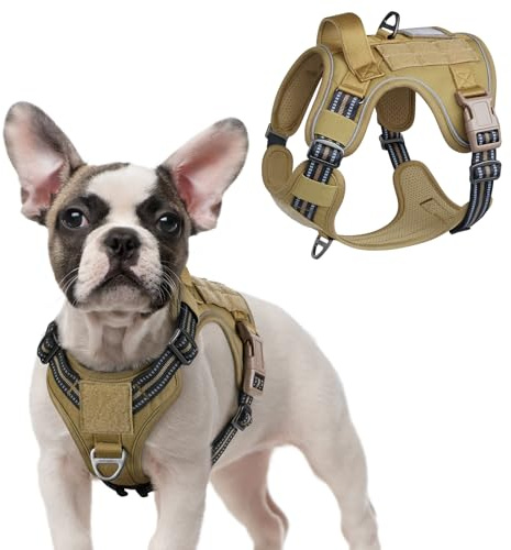rabbitgoo Hundsele liten hund, taktisk justerbar valpsele med molle-panel, andningsbar militärväst, inget drag reflekterande husdjursväst lätt kontrollhandtag för promenadträning, brun, S
