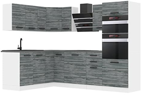 Belini Küchenzeile Küchenblock Küche L-Form Melanie Küchenmöbel mit Griffe, Einbauküche ohne Elektrogeräten mit Hängeschränke und Unterschränke, mit Arbeitsplatten, Glamour Wood