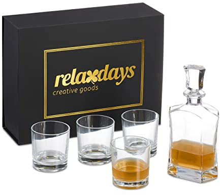 Relaxdays Set avec 4 Verres à Whisky de 345 ML chacun, Carafe refermable 0,7 L, boîte Cadeau, pour Cognac, Transparent