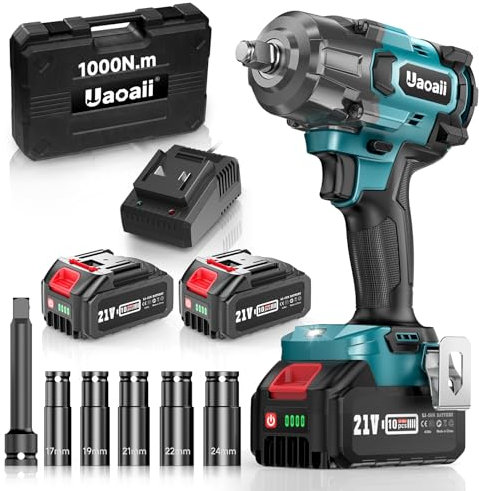Uaoaii Llave de Impacto Inalámbrica sin Escobillas 1/2 1000 Nm Llave de Impacto Eléctrica Batería 4000 mAh Adaptador Destornillador de Impacto 5 Casquillos incluidos Potencia y Facilidad para