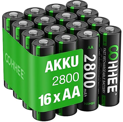 16 x AA NI-MH Akkus, wiederaufladbare AA Batterien, 1.2v Mignon AA Akku, 2800mAh hohe Kapazität, geringe Selbstentladung, mit Batterie Schutzbox