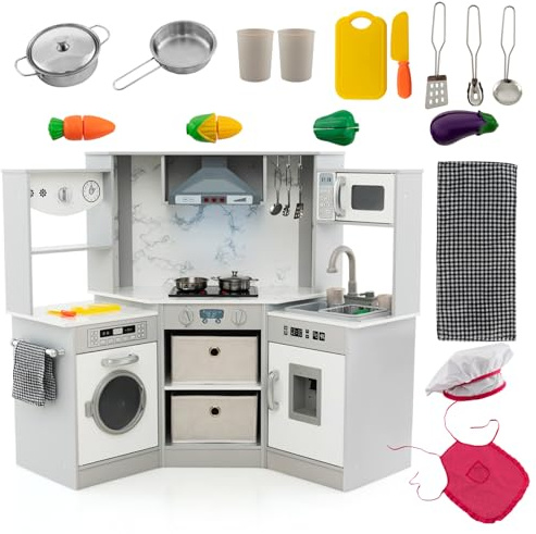 DREAMADE Cuisine Enfant avec Micro-Ondes, Cuisinière Électronique, Cuisine d'angle en Bois avec Effets Lumineux et Sonores, Accessoires Riches, Jouet Dinettes pour 3+ Ans (Blanc + Gris)