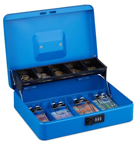 Relaxdays Geldkassette, 3-stellige Zahlenkombination, Münzeinsatz & 4 Scheinfächer, abschließbar, Geldkasse Eisen, blau, 1 Stück