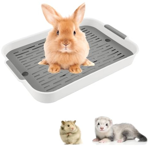 Hoquare Large Rabbit Litter Tray, Rectangular Bunny Litter Box with Grid, 2 Tier Flat Rabbit Cage Toilet Tray, Small Pet Litter Box Toilet Potty for Bunny, Guinea Pig, Cat(White)