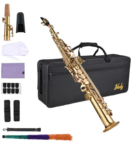 Btuty Saxofón Soprano Saxofón soprano Saxofón directo latón bb B estudiantes con Cepillo de Limpieza Maletas Guantes Limpiadores de Tela Correa Funda Acolchada