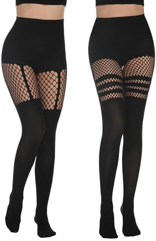Yilanmy Mock Thigh High Stockings For Women Sexy Fishnet Tights Suspender Pantyhose 2 Pairs