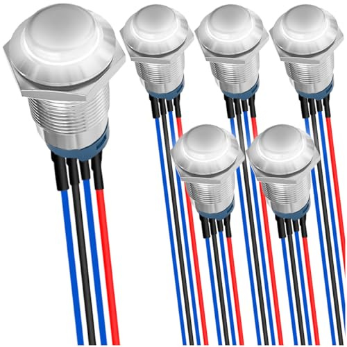 MKBKLLJY 6 st. 12 mm snäpplås vit LED-tryckknapp DC 12 V 3 A sliver Shell 1NO 1 normal SPST IP65 vattentät självlåsande rund metallbrytare rostfritt stålknapp med förledning för bil, båt