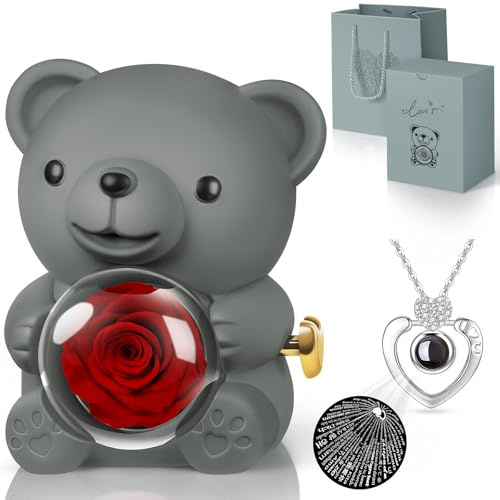 Hnustbo Oso Rosa Eterna Natural Preservada con Collar I Love You, Regalo Originales para Mujer Madre Mama Novia, Regalo San Valentin Mujer, Regalo Dia de la Madre Original Navidad Cumpleaños