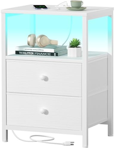 BOLUO White Nightstand with Charging Station, LED Night Stand with 2 Fabric Drawers, Bedside Table with USB Ports and Outlets, Nightstand for Bedroom Modern
