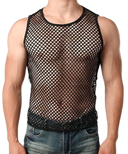 TUONYIS Herren Netz-Tanktop Schwarz Ärmellos Modernes Design Sommer Transparent Atmungsaktiv Einheitsgröße Rundhalsausschnitt