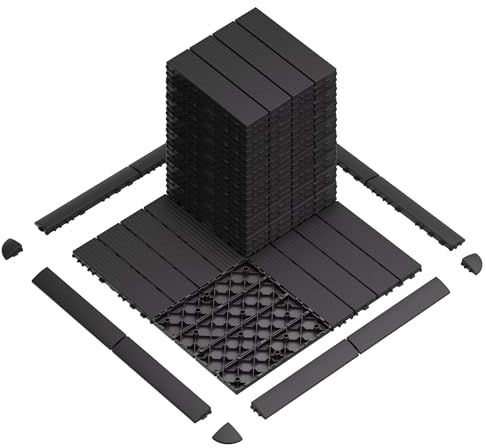 Nisorpa Plastic Interlocking Deck Tiles 44 Pack Patio Deck Tiles 42 sqft Waterproof Patio Flooring 12 x 12 All Weather Use with Striped Patio Tile for Porches, Backyards-Gray, 44+8+4 Pcs