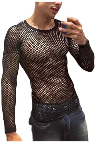 MYMdt Chemise en Filet pour Hommes T-shirt découpé en résille Sexy Manches Longues Transparente Mince et Respirant ﻿
