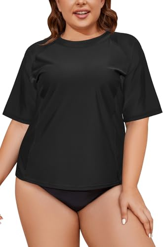 SHEKINI Womens Short Sleeve Rash Guard Tops Sun Protection Beach Swim Shirts for Women Quick Dry Lightweight Printed Swimming Tops Plus Size, Black, XXX-L
