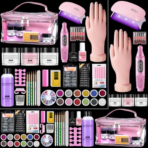 Acrylic Nail Kit for Beginners with Everything: Nail Acrylic Powder and Liquid Set with Practice Hand Drill UV lamp - Nail Art Starter Extension Kits in Pink Bag for Women Girl Home Salon DIY