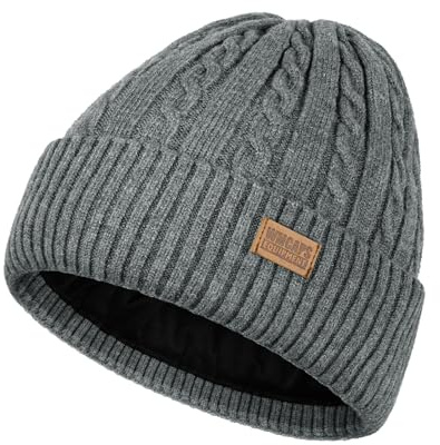 Wmcaps Wintermütze für Damen Herren, Fleecegefütterte Thermomütze mit Zopfmuster Geripptem Rand, Weiche Bequeme Dehnbare Strickmütze Geburtstagsgeschenk, Grau