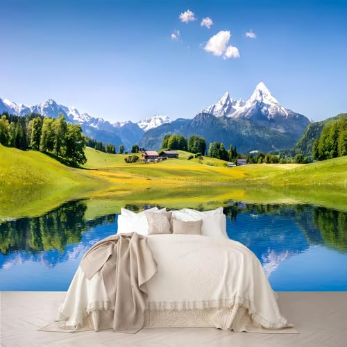 Grande murale da parete con montagne alpine, paesaggio naturale con riflessi lago, prato e picco innevato, carta da parati autoadesiva rimovibile per soggiorno, camera da letto, casa e ufficio