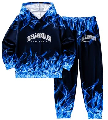 Plardeer Boys Sweatsuits Two Pieces Pants Set 3D Fire Printed Hoodies Sweatshirt and Sweatpants Set Outfit Sets for Boy Black Blue 5-6Y