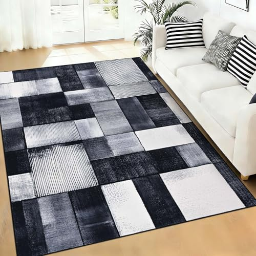 Alishomtll Alfombra moderna para salón, color negro y gris, 140 x 200 cm | Alfombra antideslizante de pelo corto para dormitorio, suave, lavable, geométrica, fácil de limpiar, duradera, rectangular