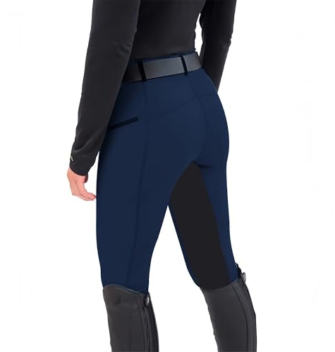 Chesoon Pantalon d'équitation pour femme - Pantalon d'équitation avec poches - Avec empiècements au genou, bleu marine, S