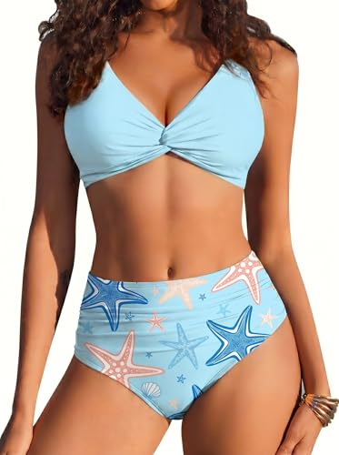 Ekouaer Maillot de Bain Femme 2 Pieces Ensembles Bikini Push Up Taille Haute Sexy Col V Élégant Beachwear Été