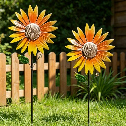 Sonnenblume Windrad,2 Stück Sonnenblumen Windmühle,Metall Deko Sonnenblume,Windrad Sonnenblumen Stecker,Windspiel Garten Mit Metallpfahl,für Drinnen und Draußen,Hof,Weg,Rasen