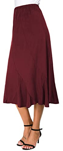 EXCHIC Elegante Gonna Midi da Donna in Pelle Scamosciata con Orlo a Volant alla Caviglia, Vino Rosso, M
