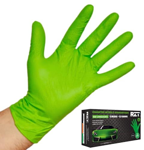 RZ TOOLS Guantes De Nitrilo Desechables Verdes De 100 Uds Guantes De Nitrilo Extra Gruesos Con Textura Diamante | Guantes Para Taller Y Montaje De Alta Resistencia Desechables | Tamaño XL