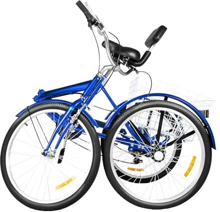 DSYOGX 24 tum 7-växlad vikbar trehjuling, vuxna 3-hjuls cykel vikbar med korg och ryggstöd justerbar höjd för vuxna, äldre och nybörjare, blå
