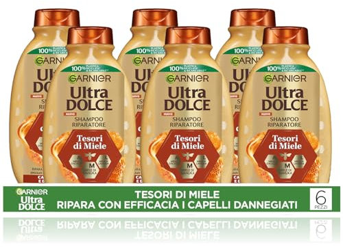 Garnier Ultra Dolce Tesori di Miele, Multipack Shampoo Riparatore, 94% Origine Naturale, Per Capelli Danneggiati, Senza Siliconi, Confezione da 6 x 300ml​
