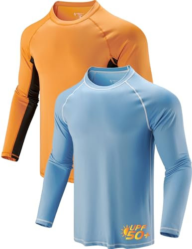 2er-Pack Herren-Badehemden, Sonnenschutz-Langarm, LSF 50+, lockere Passform, Rashguards, Angeln, schnell trocknende Kleidung, Orange/Hellblau, XXL