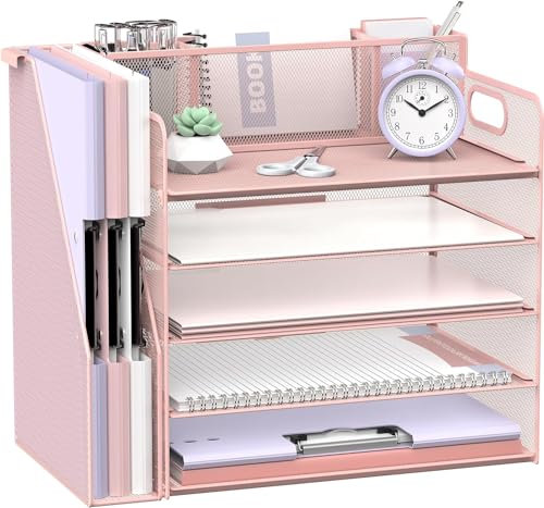 SUPTIDY Schreibtisch-Organizer mit Aktenhalter, 5 Etagen, Schreibtisch-Organizer mit 3 Stifthaltern, Papier-Briefablage für Büro, Zuhause, Organisation und Aufbewahrung, Rosa