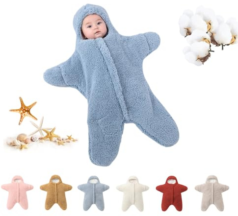 HEVOY Baby Starfish Onesie, Thick Imitation Fleece Starfish Newborn Sleeping Bag, Infant Footie Jumpsuit Winter Warm Outfits (Blue, 2-6 Months)