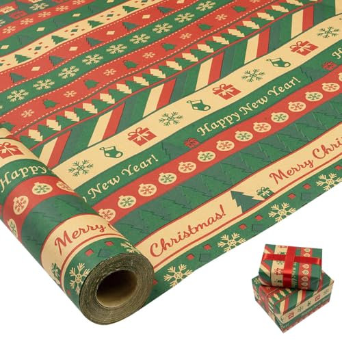 Große Geschenkpapierrolle: 76 cm x 15 m, recycelbares Weihnachts-Kraftpapier mit Weihnachtsbaum und Schneeflocke für Weihnachts-, Geburtstags-, Hochzeits- und Festgeschenkdekorationen