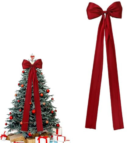 Fiocco per albero di Natale da 120 cm, decorazioni per albero di Natale, grande fiocco rosso, puntale per albero di Natale rosso, fiocco di raso rosso con lunghe stelle filanti per la decorazione