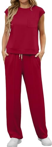 GRECERELLE Two Piece Outfits Women Summer Short Sleeve Tracksuit Womens Full Set Lounge Wear Sets for Women Casual Crew Neck Cap Sleeve Tops and Jogging Bottoms with Pockets(Wine Red, S)