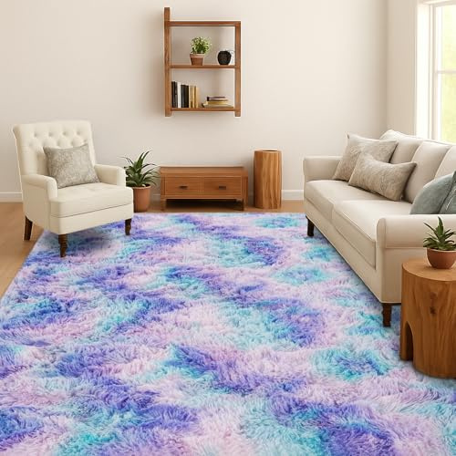 SOANNY Hochflor Wohnzimmer Teppich, Waschbar Anti-Rutsch & Flauschig, Groß Tie-Dye Langflor Shaggy Teppich für Schlafzimmer & Kinderzimmer, Bettvorleger Matte, 200 x 300 cm, Türkis Lila