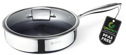 Bergner STEELBLUE | PFAS-Freie Tri-Ply Hybrid Schmorpfanne 28 cm | Glasdeckel | CERATECH Keramikbeschichtung | Edelstahl | 3-lagig | induktionsgeeignet | Kratzfest | blaue Wabenstruktur und Kaltgriff