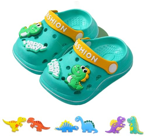 AioTio Infantiles Zuecos niños niñas Ligeras Antideslizantes Transpirables y de Secado rápido​ Interior Playa Piscina y jardín(Pequeño Dinosaurio Verde25/26EU)