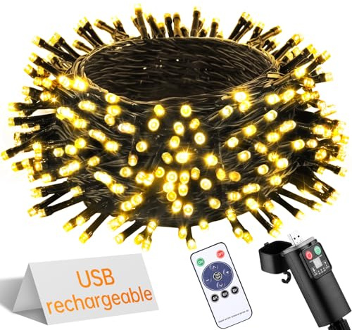 UIONVO Luces Arbol Navidad Exterior Pilas - 10M 100 LED Guirnaldas Blanco Cálido USB Bateria Recargables con Temporizador Impermeable Decoración Interior para Navidad Boda Patio Jardín Festival