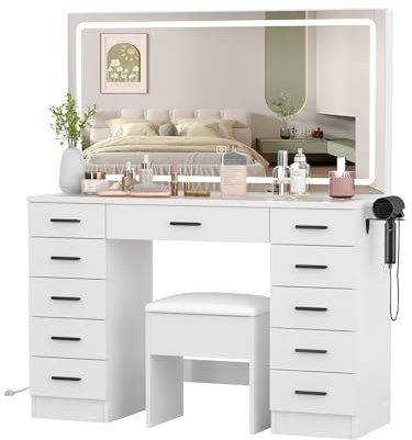 Panana 11-Drawer Vanity Table Set with Stool, 3-Color Adjustable LED Mirror, Transparent Glass Top & Built-in USB Socket, Makeup Dressing Desk for Bedroom, Dressing Room (White)
