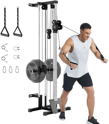 GarveeLife Wall Mount Cable Machine, LAT Pulldown Machines with 19 Positions Dual Pulley System, Cable Crossover Machine with Footplate, Weight Workout Equipment Home Gym Station