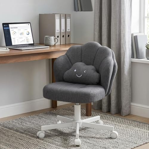 COMHOMA Chaise de Bureau en Forme de Pétale, Chaise Coiffeuse avec Dossier Double Couche et Coussin Lombaire Nuage, Chaise Ergonomique pour Bureau, Chambre, Réglable en Hauteur, Pivotant, en Lin, Gris