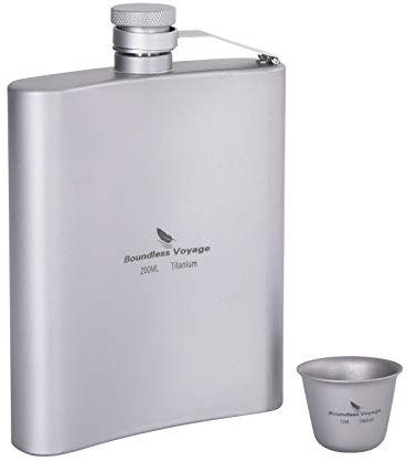 iBasingo 200ml Titan Flachmann mit Klein Becher Outdoor Camping Trinkflasche Alkoholflasche Alkohol Whisky Wein Bottle Becher Set Abnehmbarer Weintopf mit Trinkbecher für Reisen Picknick Ti3062D