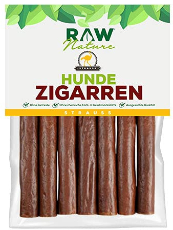 RAW Nature Hunde-Zigarre Strauß PUR 7-Stück - 100% natürliches Hundesnack - Monoprotein - hypoallergen & getreidefrei - luftgetrocknetes Straußenfleisch - Dörrfleisch - hochwertiges Muskelfleisch