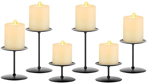 Romadedi Black Candle Holders for Pillar - Set of 6 Metal Candle Stand Iron Plate Christmas Advent Deco Modern Home Mantel Dinning Table Decorations Centerpiece for Wedding, Party