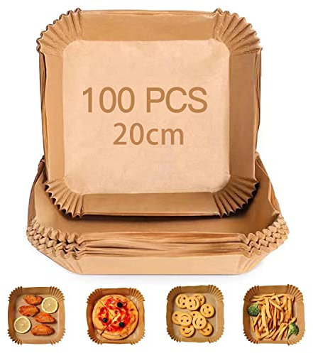 Carta Forno Friggitrice Aria 100pz - Teglie Monouso 20x20cm Quadrate, Antiaderente, 220°C, Cottura Senza Olio, Compatibile (7.87)