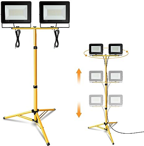 Jiubiaz Projecteur de Chantier LED Télescopique, 2x100W 8500LM Blanc Froid avec Trépied Télescopique Réglable, Étanche IP66 pour l'intérieur et l'extérieur Chantier (Câble 1M, Sans prise)