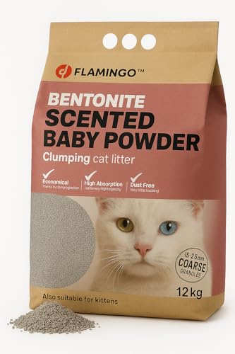 Flamingo Arena higiénica para Gatos Bentonita con Polvos bebés Gránulos Gruesos Aglutinante 12kg - Origen Europa - 12KG Dura 12 semanas - Muy Duradero - súper económico
