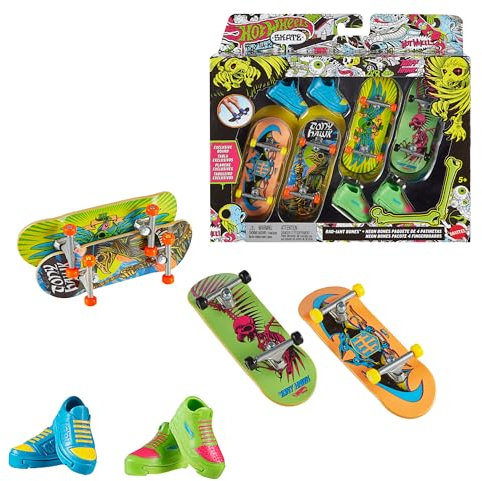 Hot Wheels Von Tony Hawk inspiriertes Hot Wheels Skate Neon Bones Set mit 4 Fingerboards und abnehmbaren Skateboard-Schuhen, die in Zusammenarbeit mit Tony Hawk entwickelt wurden, HXK84